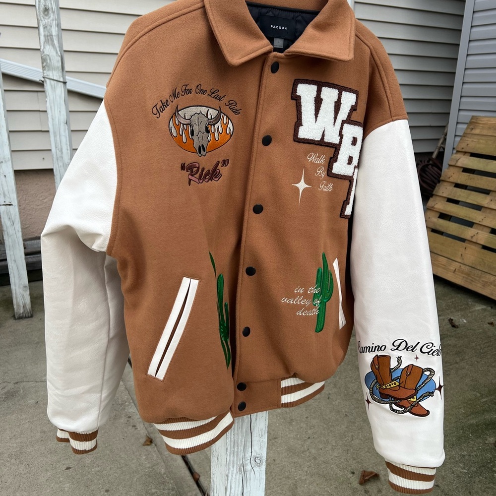 Brown and White Varsity Jacket with Embroidered Patches